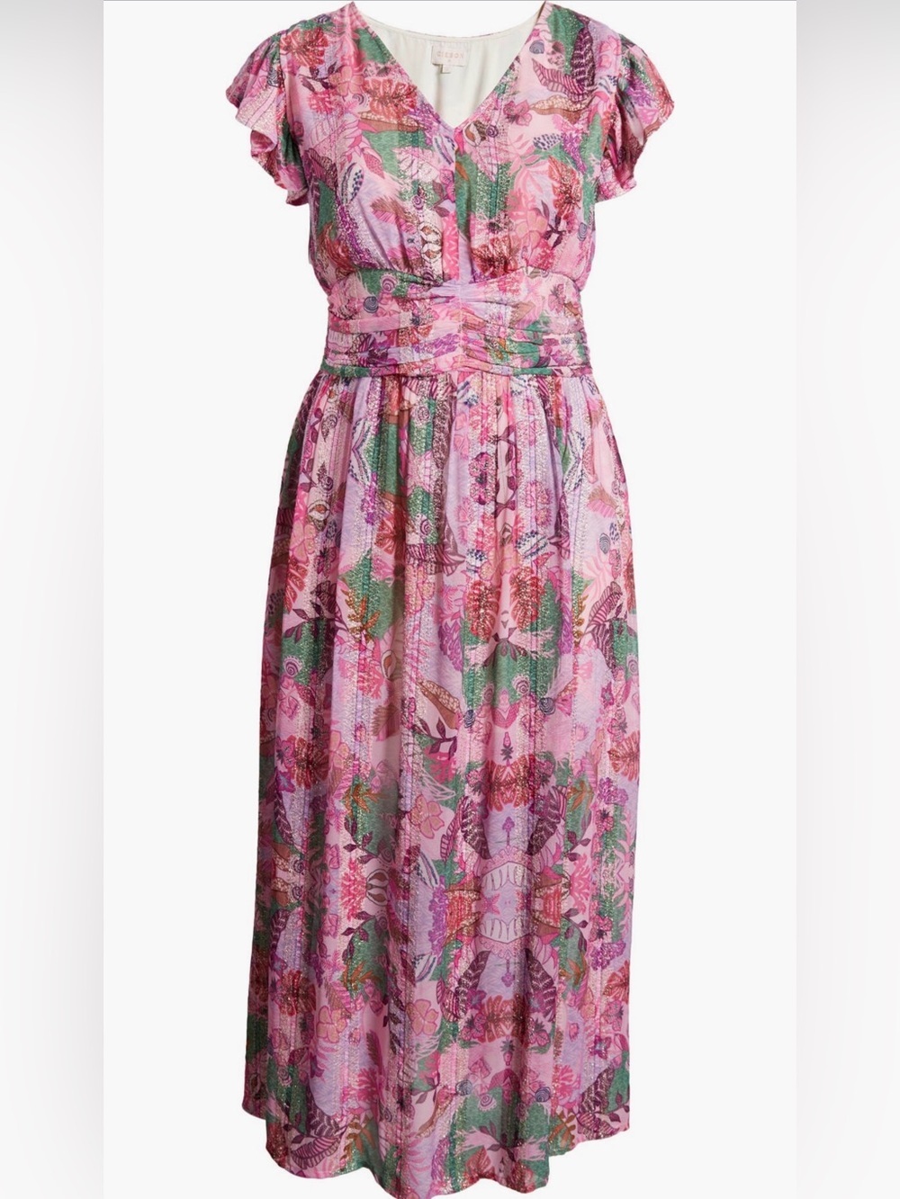 Ciebon Pink Tropical Print Metallic Flutter Cap Sleeve Maxi Dress 1X - Picture 2 of 11